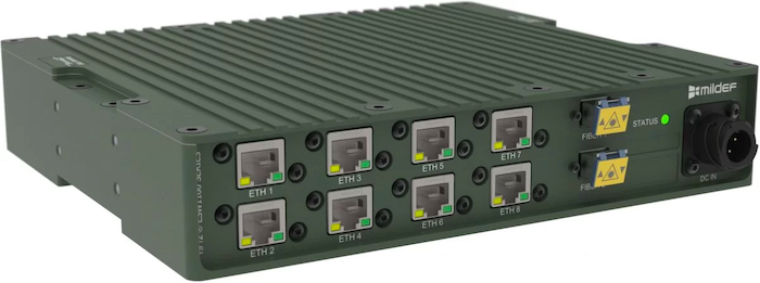 A rugged military Ethernet switch by MilDef which can operate down to -40 degrees Celsius