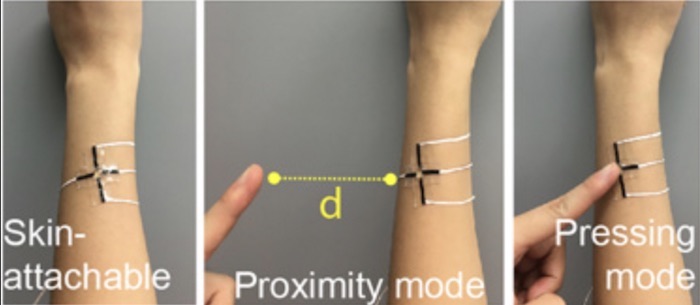 An image of the e-skin sensor being worn and testing out its distance and touch sensing ability.