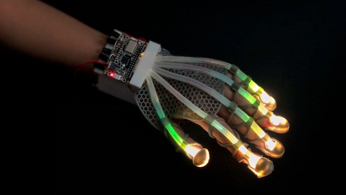 An image of a prosthetic glove using fiber-optic sensors.