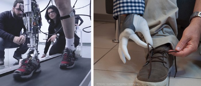 CYBCYBERLEGSs Plus Plus prosthetic leg (left) and DeTOP's prosthetic hand&nbsp;(right)