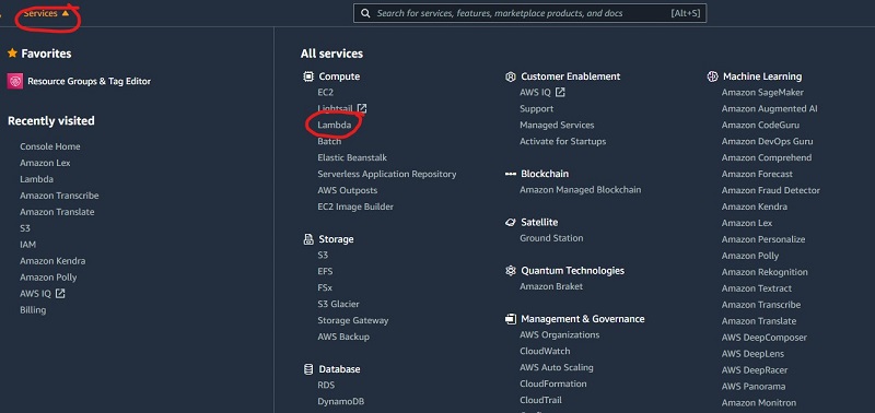 Hyperedge- , PCB Design, Hardware Design, Electronics Design, In the top left corner, click on the Services drop down menu and select Lambda in the Compute section.
