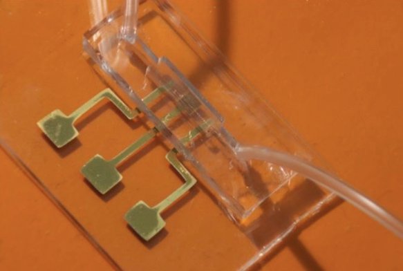 A prototype of the researchers’ rapid COVID-19 antibody test powered by a microfluidic chip