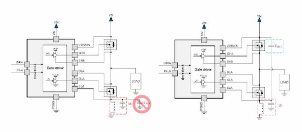 Hyperedge- , PCB Design, Hardware Design, Electronics Design, Incorrect (a) and correct placement (b) of a bulk capacitor to mitigate low-side parasitics