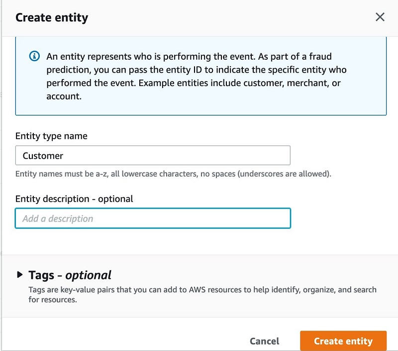 For Entity type name, enter customer.