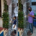 This auto-adjusting PVC system lifts hand sanitizer to the perfect height