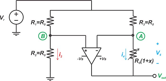 Circuit illustrating the analog linearization of resistive sensor bridges