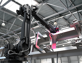 Industrial robot performing welding application