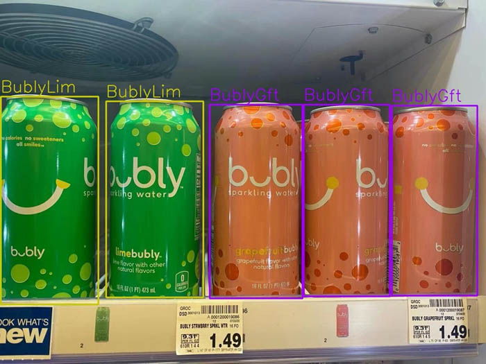 Hyperedge- , PCB Design, Hardware Design, Electronics Design, The image shows a vertical refrigerator shelf with 2 BublyLim green cans and 3 BublyGft orange cans.