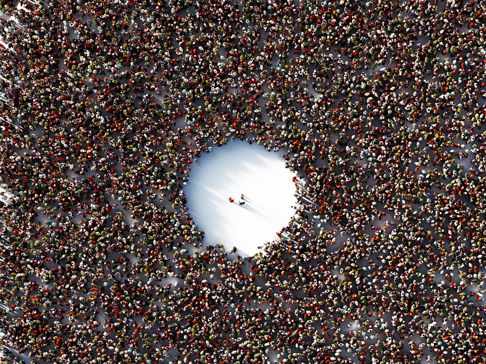 Human Crowd Surrounding Three People on White Background