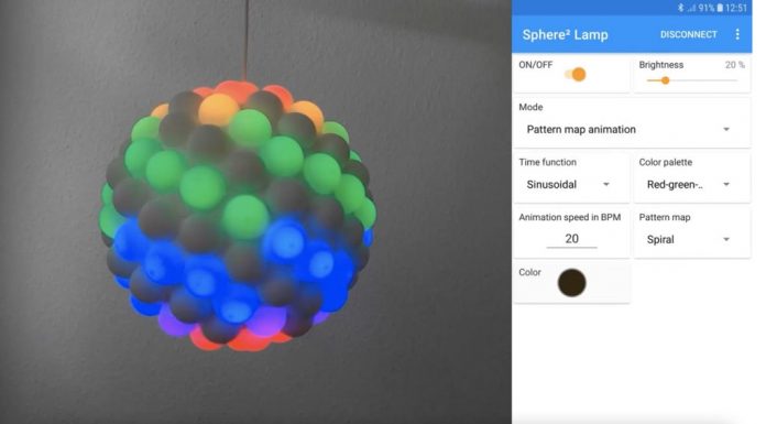 This lamp consists of 122 LED-lit domes on a sphere, controllable over Bluetooth
