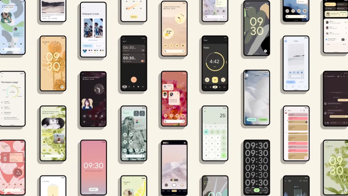 wall of phones - Android 12 Google I/O 2021