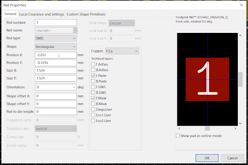 Pad properties window in KiCad