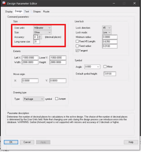 User unit selection window in Allegro
