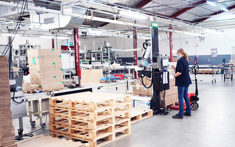 Hyperedge- , PCB Design, Hardware Design, Electronics Design, Women working in collaboration with a palletizing robot in a manufacture.