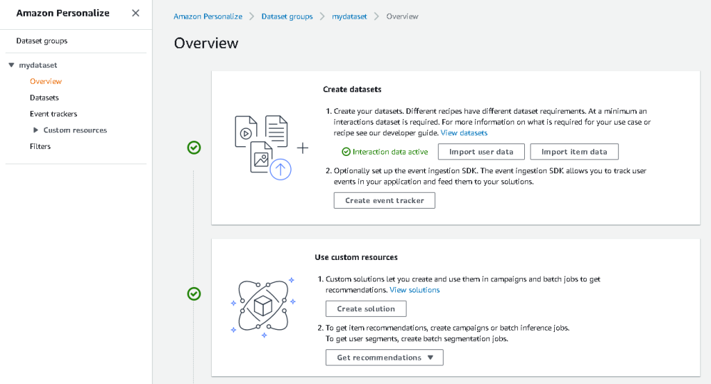 Amazon Personalize - Dashboard