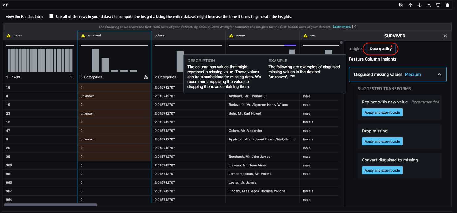data quality tab