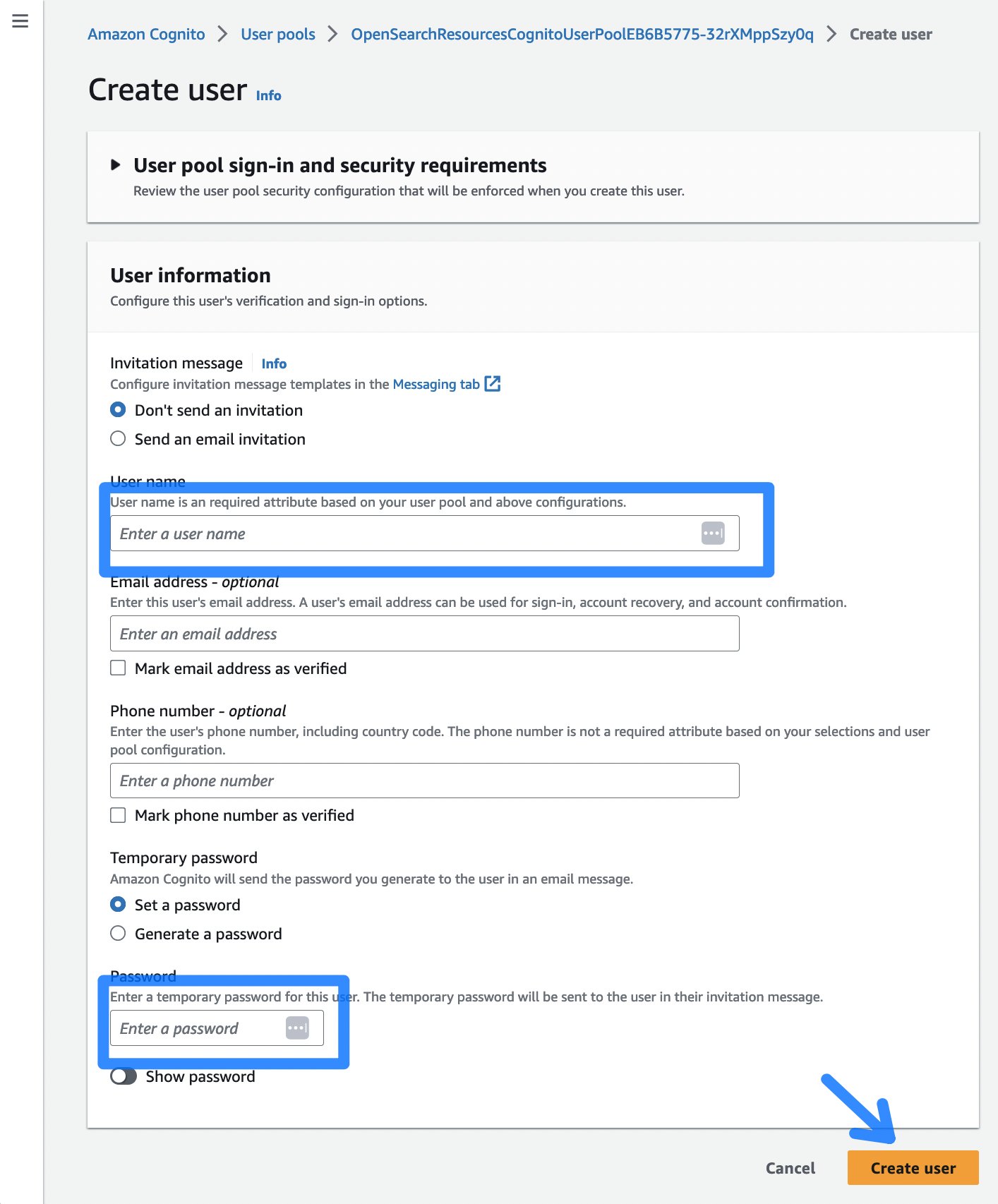 Figure 5: The Cognito create user dialog