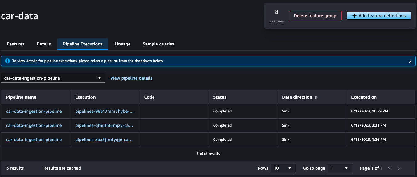 Hyperedge- , PCB Design, Hardware Design, Electronics Design, Image shows the Sagemaker Feature group tab of the pipeline executions