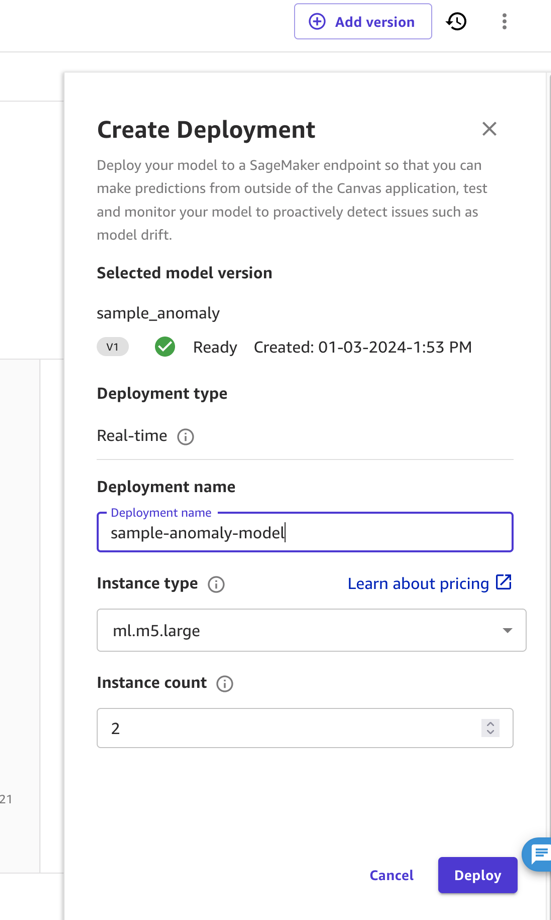 Hyperedge- , PCB Design, Hardware Design, Electronics Design, An appication window showing the configuration of a model deployment. Settings shown are a machine size ml.m5.large and a deployment name of sample-anomaly-model.