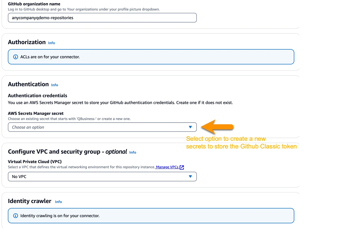 Hyperedge- , PCB Design, Hardware Design, Electronics Design, ACLs and Identity Crawlers are by default enabled for Github connector. Provide the organization name, and the Token for Github authentication. VPC is optional, move to next step without selecting one.
