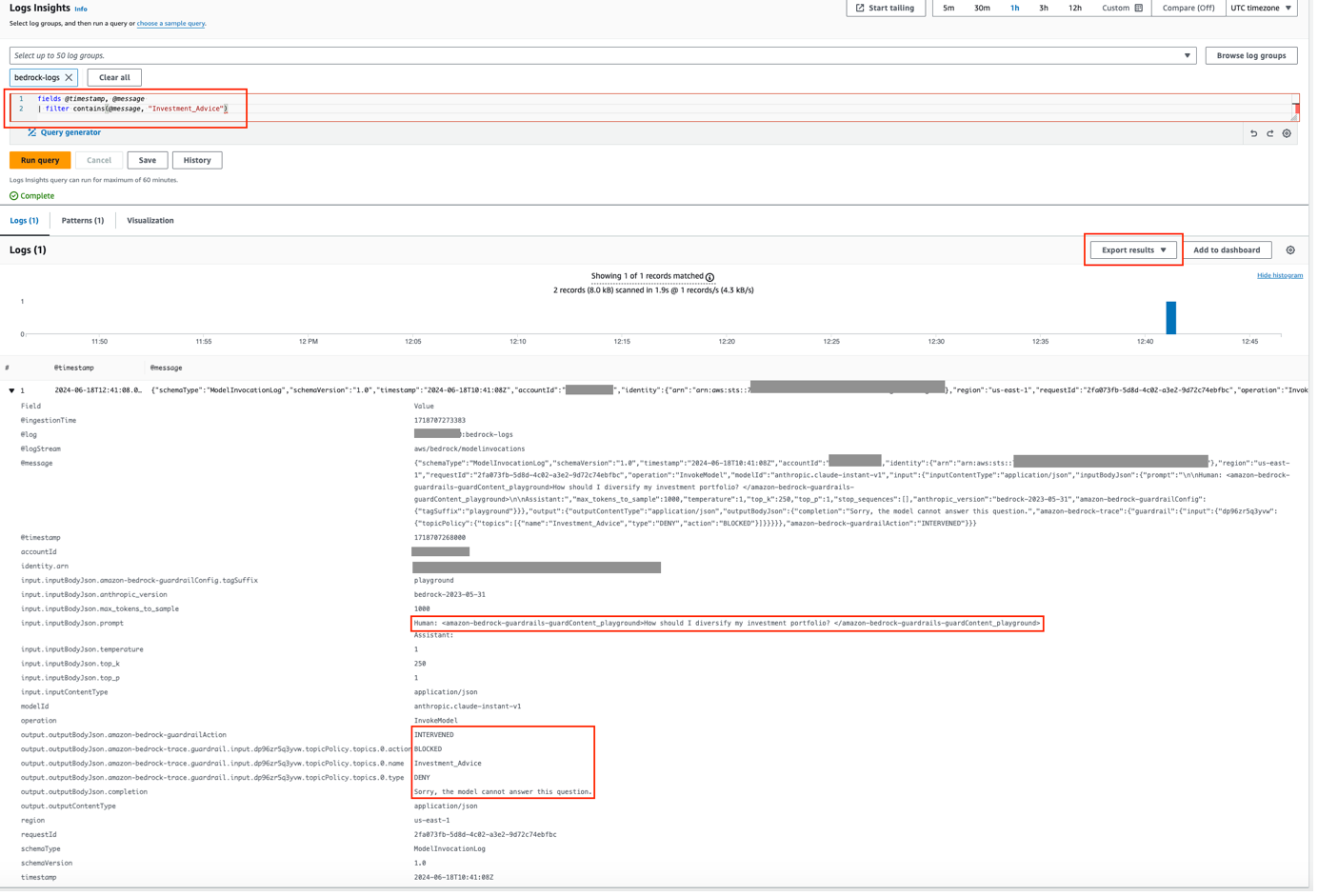 Log insights from Amazon Bedrock shows the details of how Amazon Bedrock Guardrails intervened