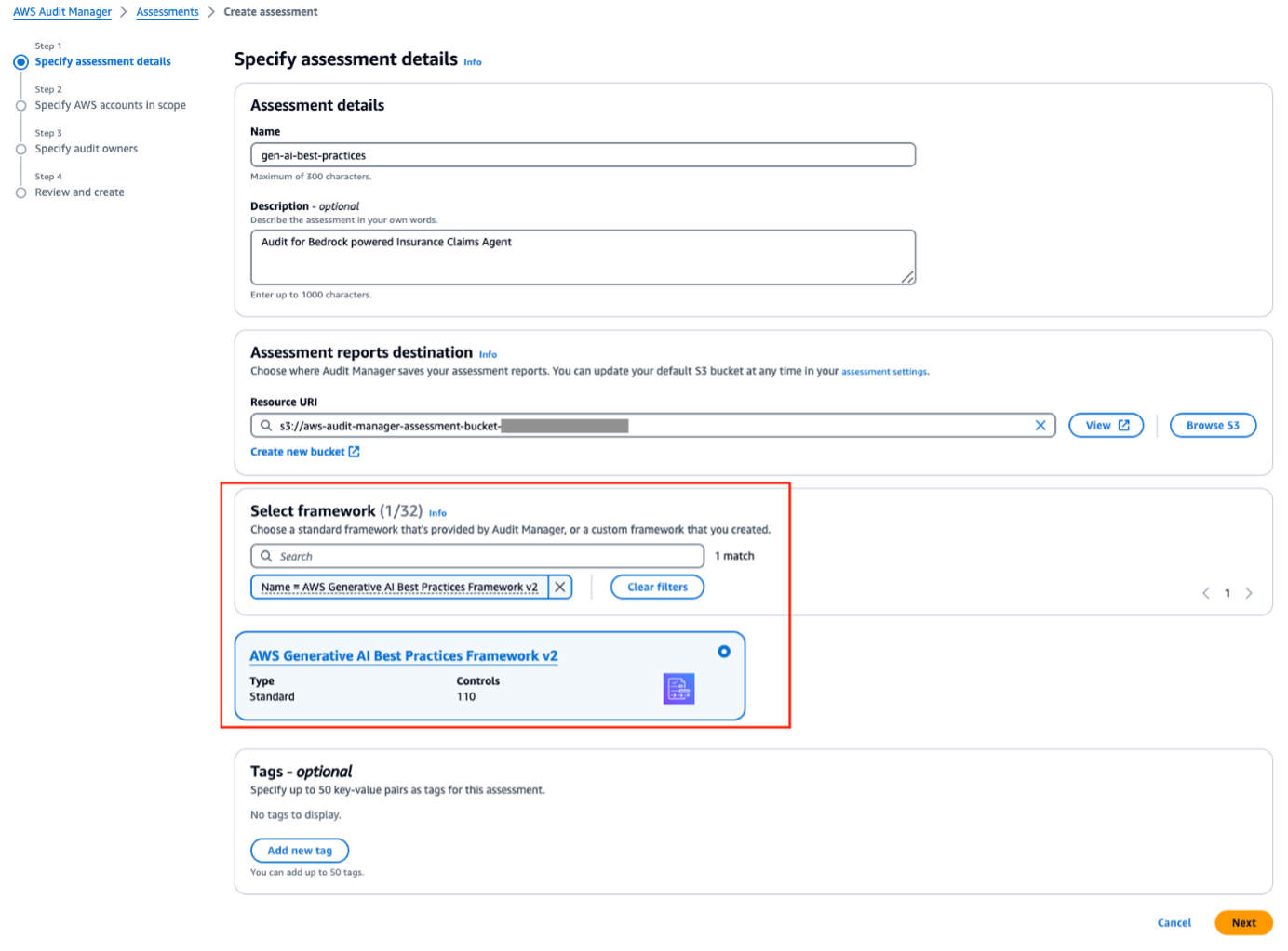 Specify assessment details and choose the AWS Generative AI Best Practices Framework v2