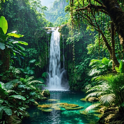 Hyperedge- , PCB Design, Hardware Design, Electronics Design, A dense tropical rainforest teeming with exotic plants and wildlife, sunlight filtering through the thick canopy, with a hidden waterfall cascading into a crystal-clear pool