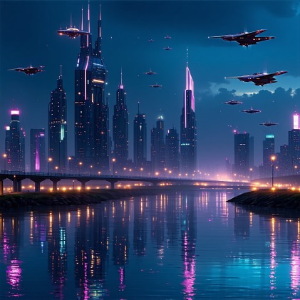 Hyperedge- , PCB Design, Hardware Design, Electronics Design, A futuristic city skyline at dusk, featuring sleek skyscrapers with neon lights and flying vehicles soaring between them, reflecting on the glassy surface of a river