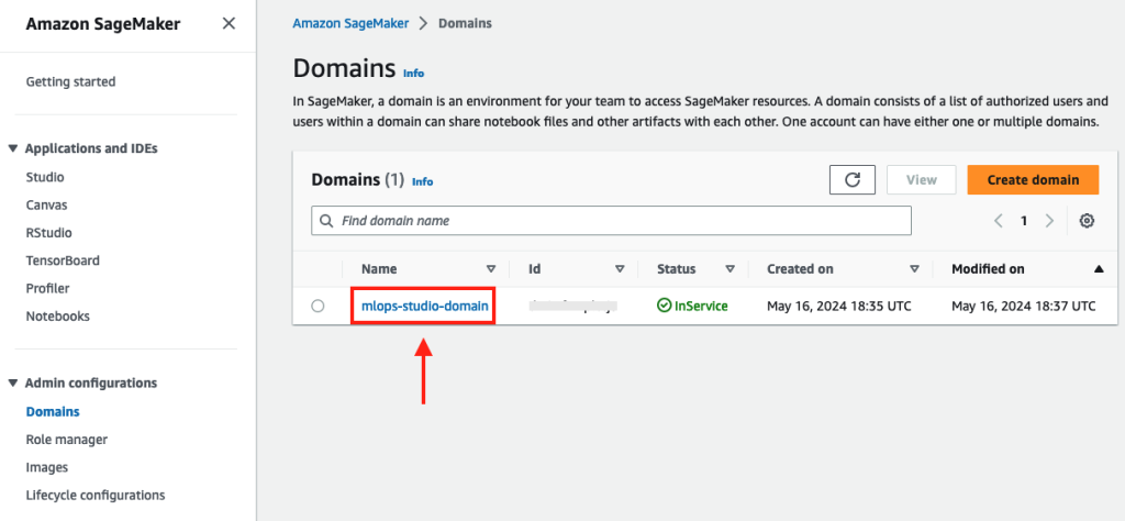 Hyperedge- , PCB Design, Hardware Design, Electronics Design, Amazon SageMaker Domains management screen with one InService domain, emphasizing shared environment for team collaboration