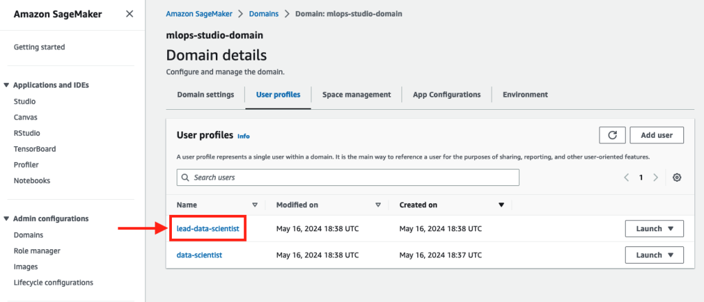 Hyperedge- , PCB Design, Hardware Design, Electronics Design, Amazon SageMaker Domain management interface showing user profiles tab with configuration options and launch controls
