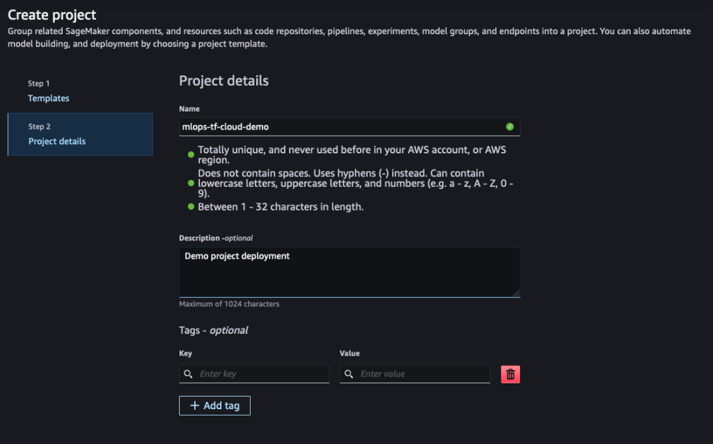 Hyperedge- , PCB Design, Hardware Design, Electronics Design, SageMaker project setup interface on Project details step, showcasing naming conventions, description field, and tagging options for MLOps workflow