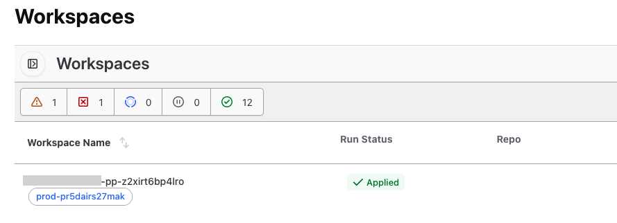 Hyperedge- , PCB Design, Hardware Design, Electronics Design, Terraform workspaces dashboard showing status counts and one workspace with Applied status
