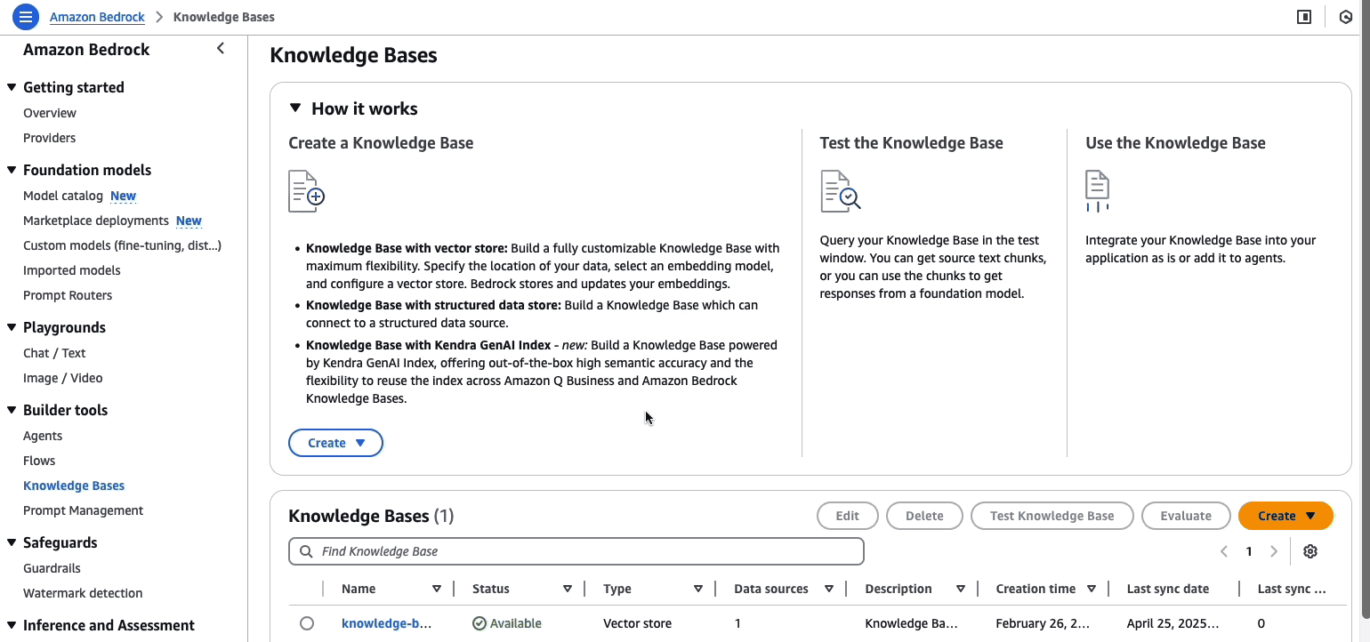 Hyperedge- , PCB Design, Hardware Design, Electronics Design, Amazon Bedrock Knowledge Bases interface showing one active vector store implementation