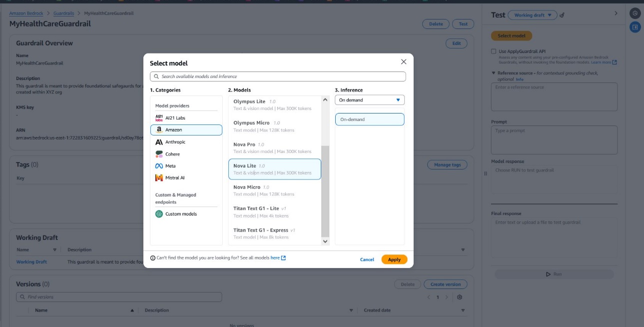 Hyperedge- , PCB Design, Hardware Design, Electronics Design, AWS Guardrail configuration interface showing model categories, providers, and inference options with Nova Lite selected