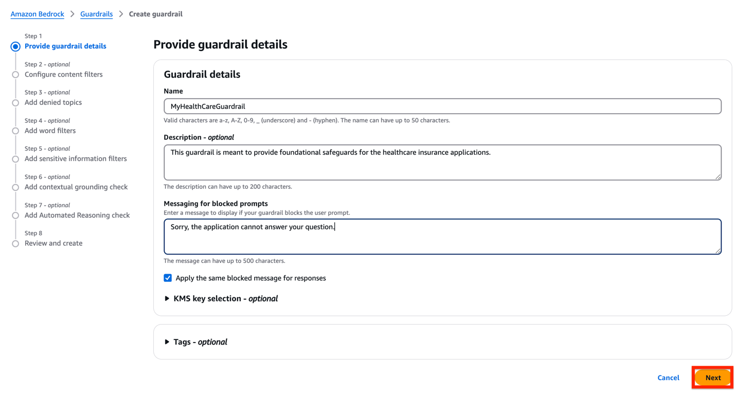 Hyperedge- , PCB Design, Hardware Design, Electronics Design, Amazon Bedrock Guardrails configuration interface for MyHealthCareGuardrail with multi-step setup process and customizable options