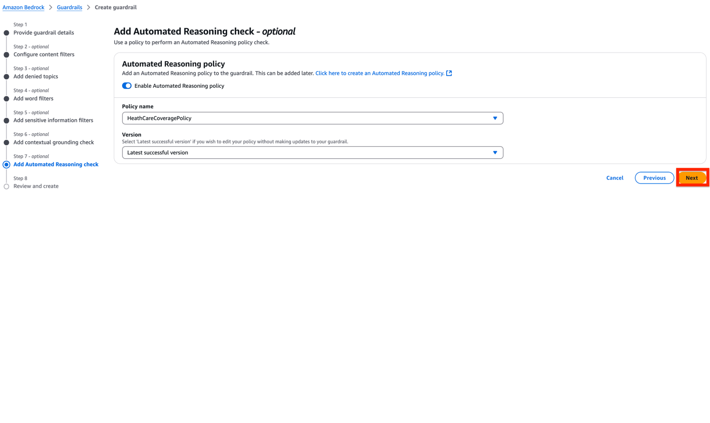 Hyperedge- , PCB Design, Hardware Design, Electronics Design, Amazon Bedrock guardrail creation wizard on step 7, showing HealthCareCoveragePolicy Automated Reasoning configuration options