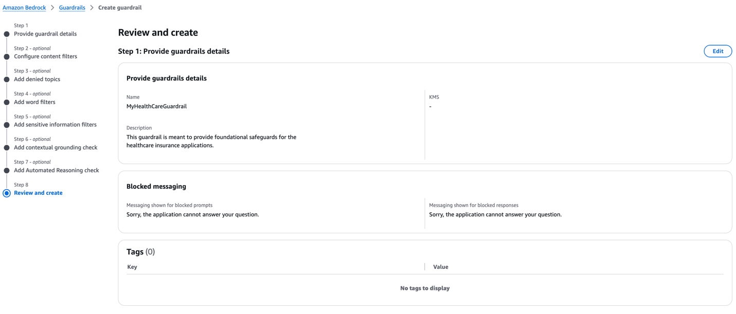 Hyperedge- , PCB Design, Hardware Design, Electronics Design, Amazon Bedrock Guardrail 8-step configuration summary showing MyHealthCareGuardrail setup with safety measures and blocked response messages