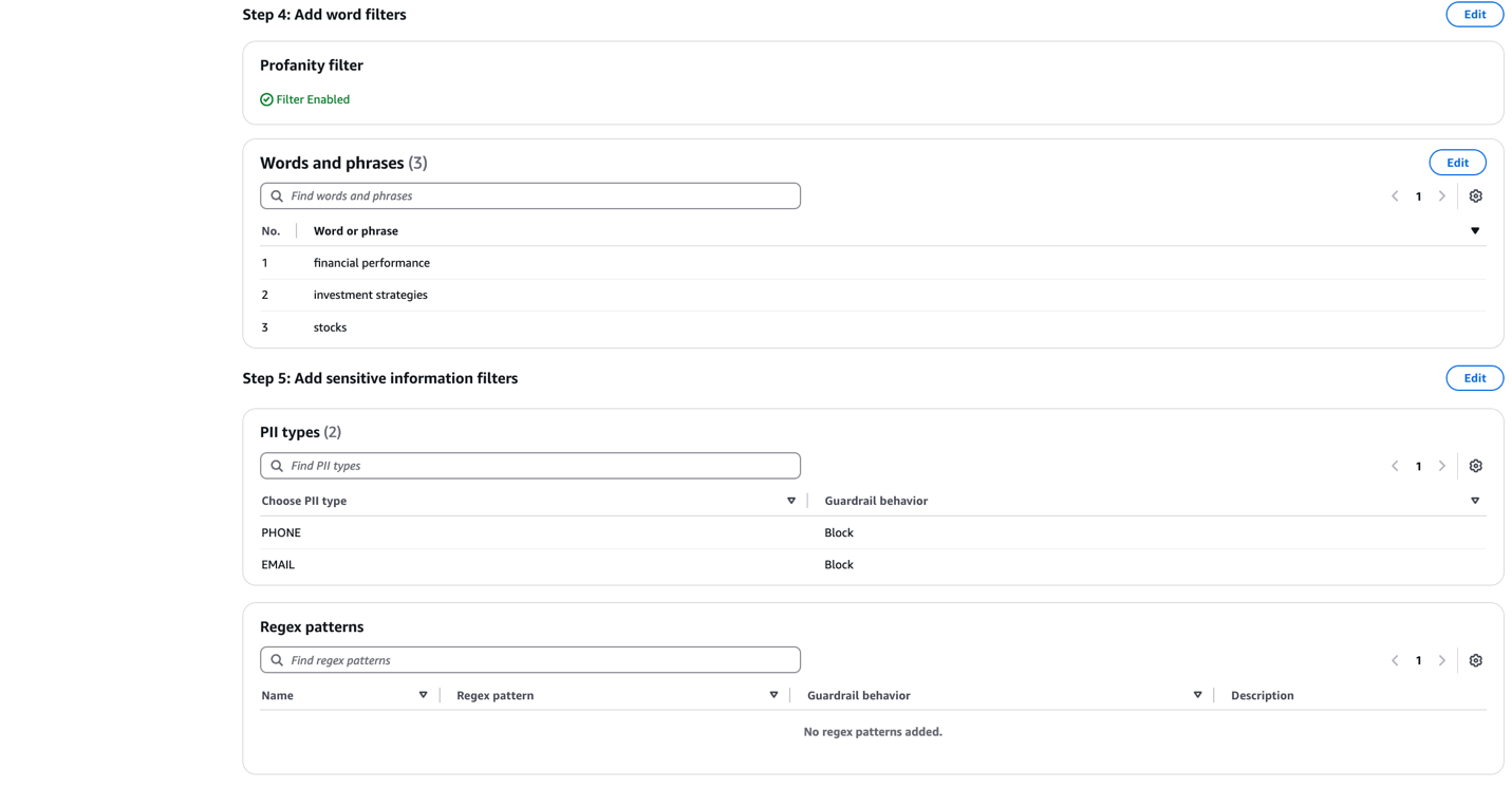 Hyperedge- , PCB Design, Hardware Design, Electronics Design, Amazon Bedrock Guardrail Steps 4-5 showing enabled profanity filter, word lists, and PII blocking settings