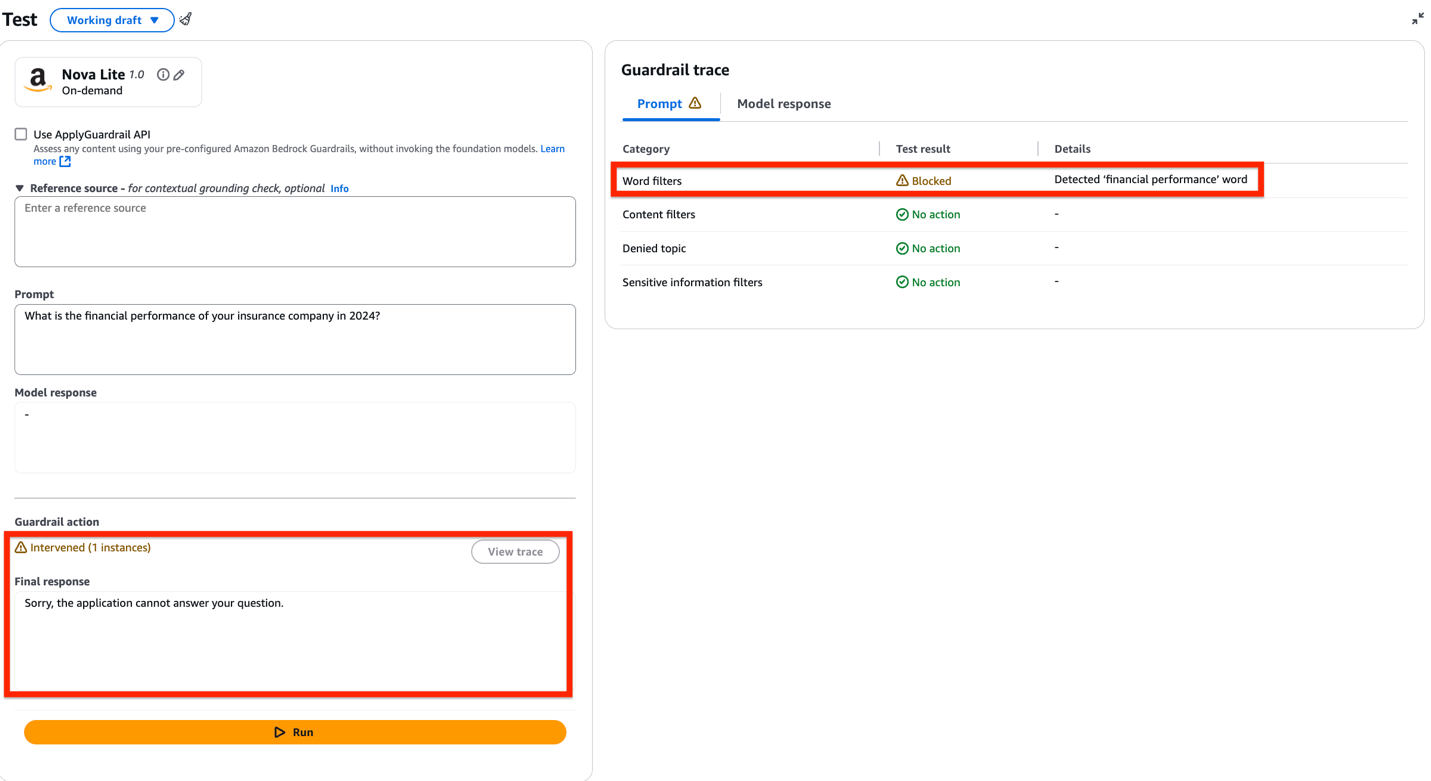 Hyperedge- , PCB Design, Hardware Design, Electronics Design, Amazon Bedrock interface showing blocked response due to guardrail word filter detection