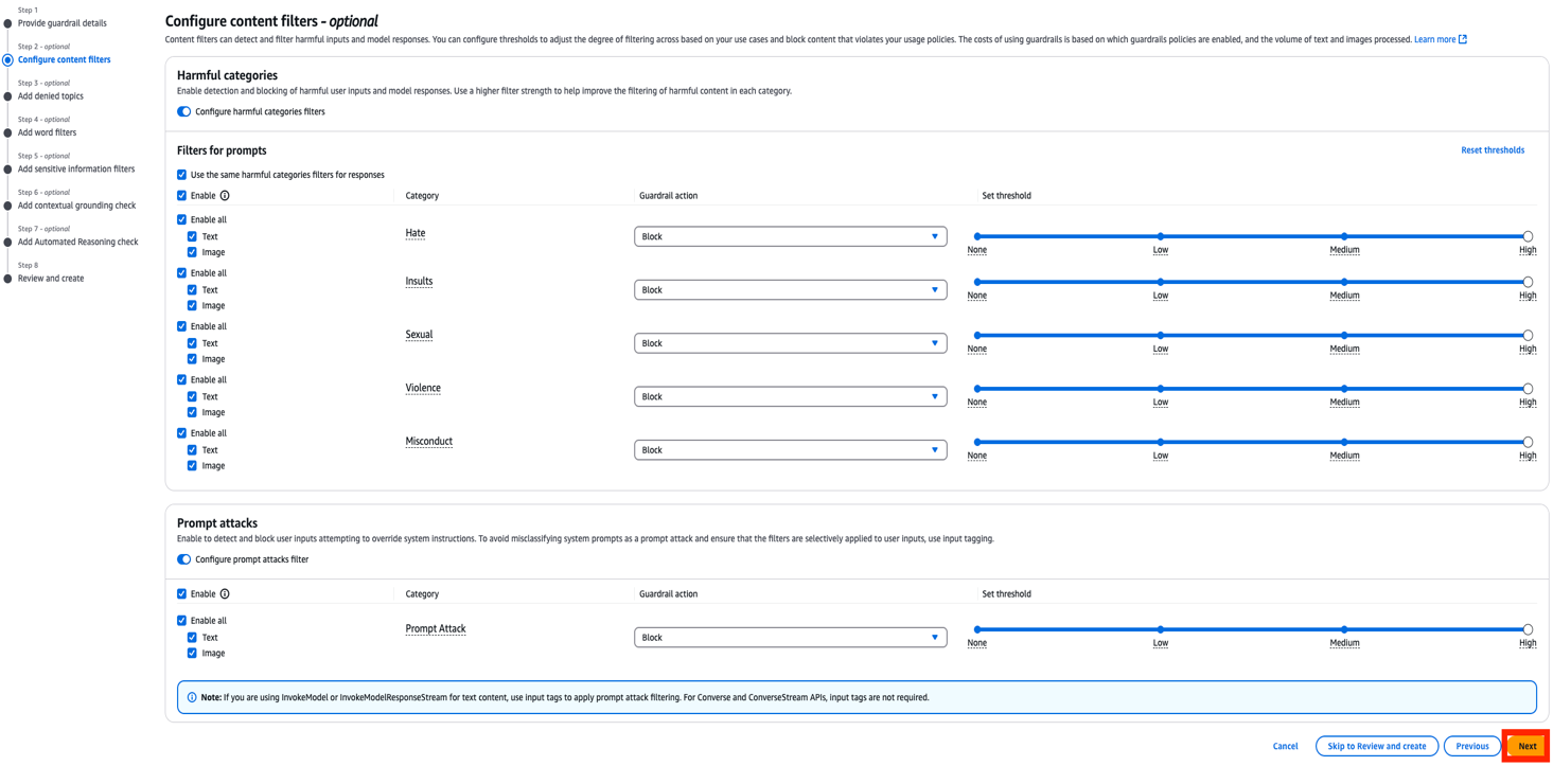 Hyperedge- , PCB Design, Hardware Design, Electronics Design, WS guardrail configuration interface for content filtering showing harmful content categories, threshold controls, and prompt attack prevention settings