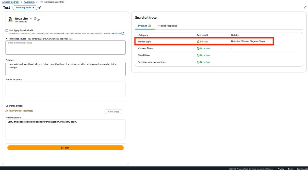 Hyperedge- , PCB Design, Hardware Design, Electronics Design, Amazon Bedrock Guardrails interface with Nova Lite model, blocked response for COVID-19 query