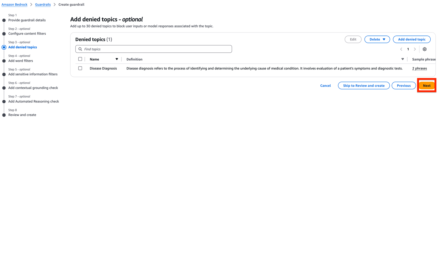 Hyperedge- , PCB Design, Hardware Design, Electronics Design, Amazon Bedrock Guardrails configuration interface with Disease Diagnosis as denied topic