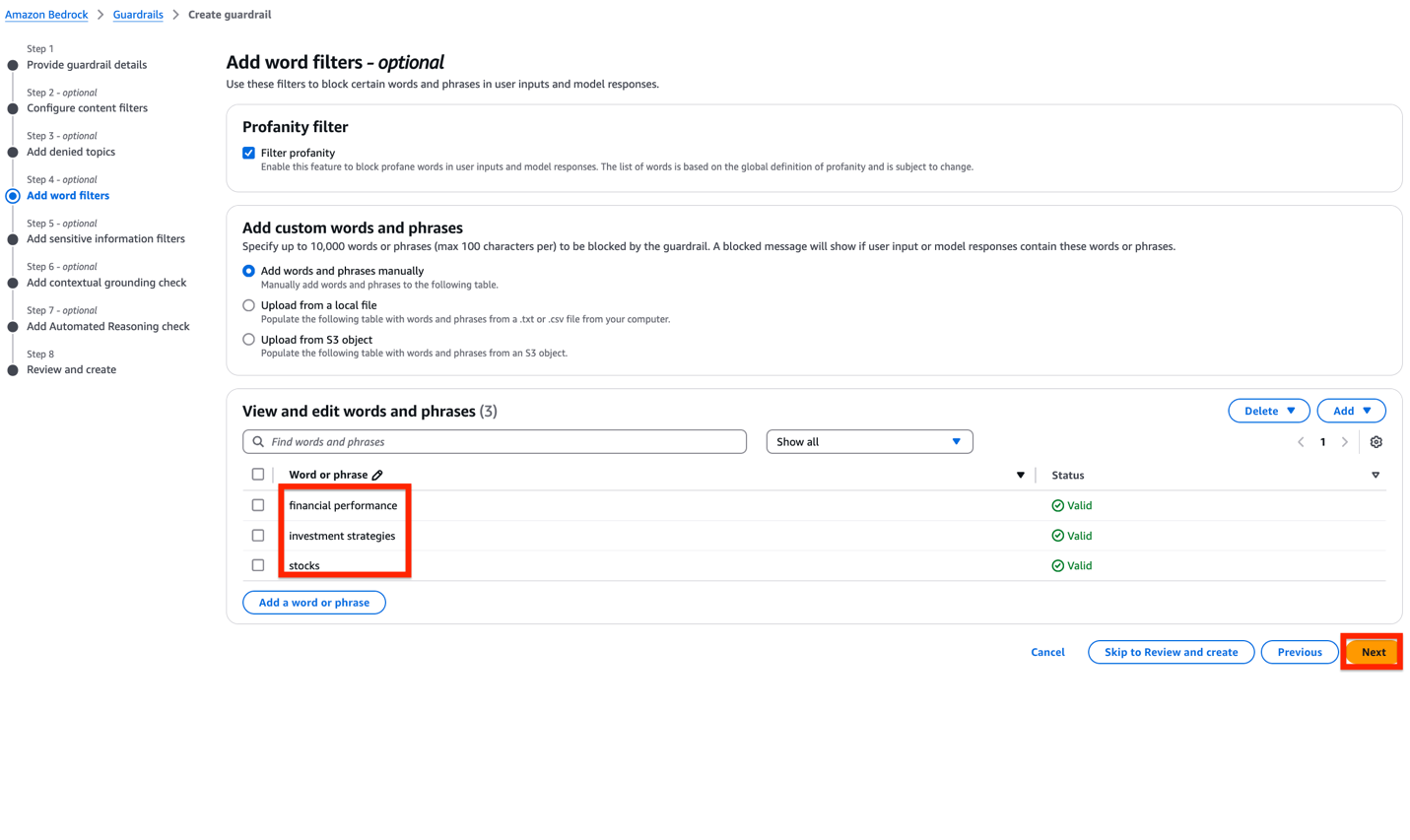 Hyperedge- , PCB Design, Hardware Design, Electronics Design, Amazon Bedrock guardrail creation interface showing word filter configuration steps and options