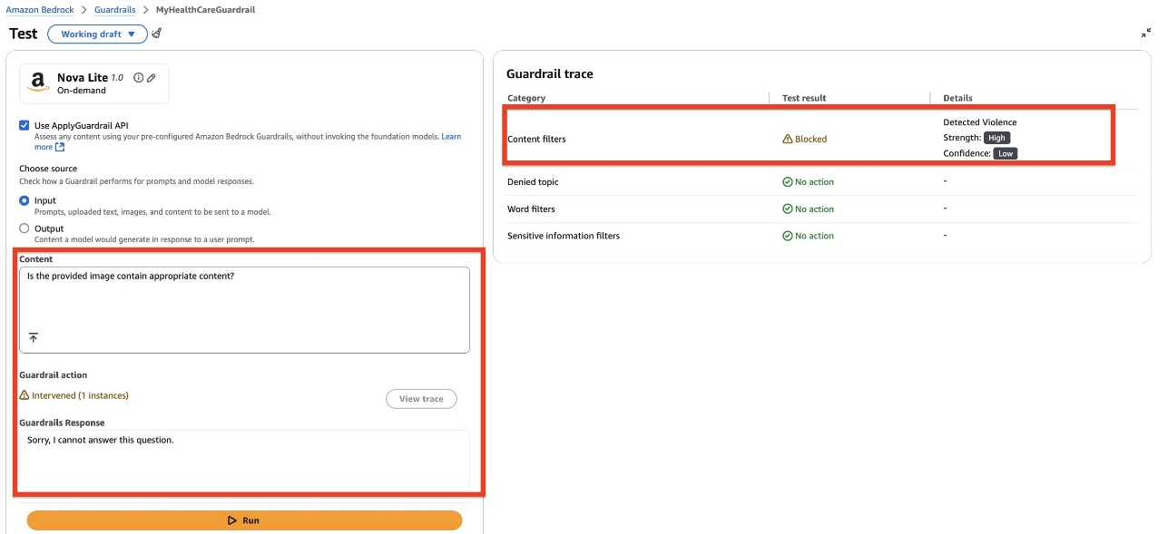 Hyperedge- , PCB Design, Hardware Design, Electronics Design, Amazon Bedrock guardrail test interface showing blocked response due to detected violence