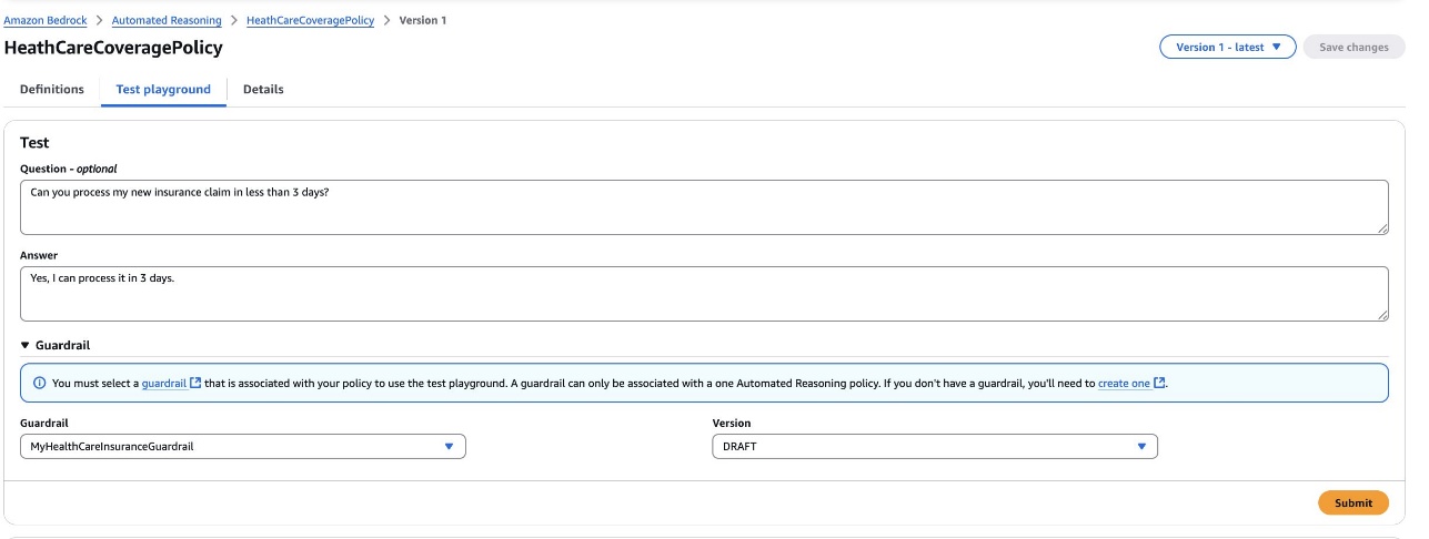 Hyperedge- , PCB Design, Hardware Design, Electronics Design, Amazon Bedrock Automated Reasoning interface showing HealthCareCoveragePolicy test playground and guardrail configuration