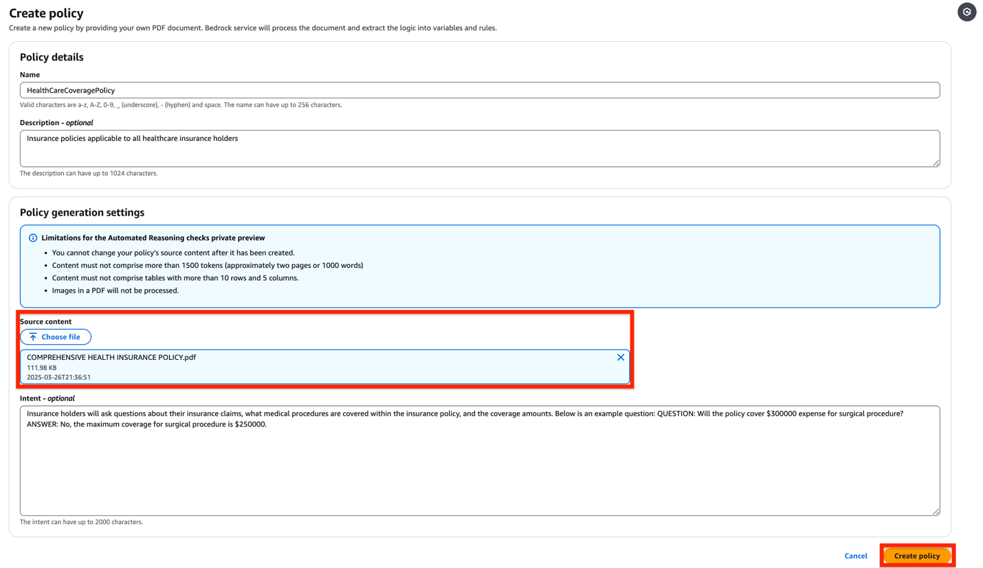 Hyperedge- , PCB Design, Hardware Design, Electronics Design, Amazon Bedrock interface showing HealthCareCoveragePolicy creation page with policy details, generation settings, and file upload