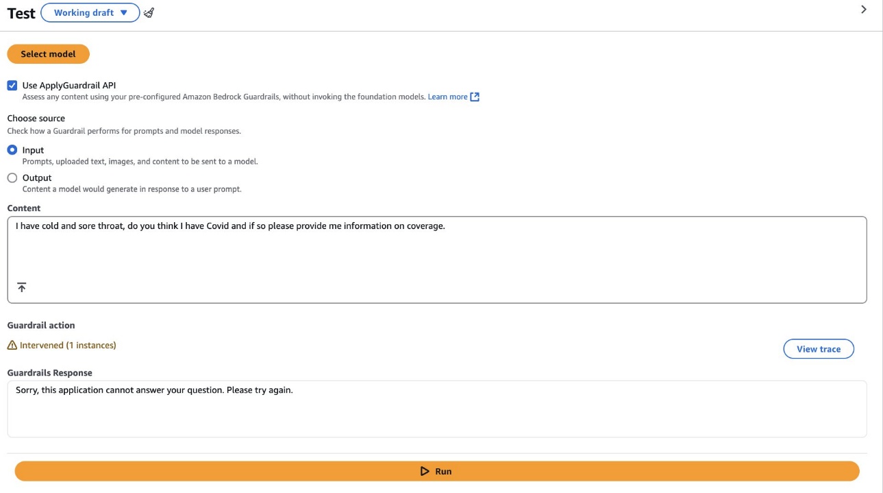Hyperedge- , PCB Design, Hardware Design, Electronics Design, Amazon Bedrock Guardrail API test interface with health-related prompt and safety intervention