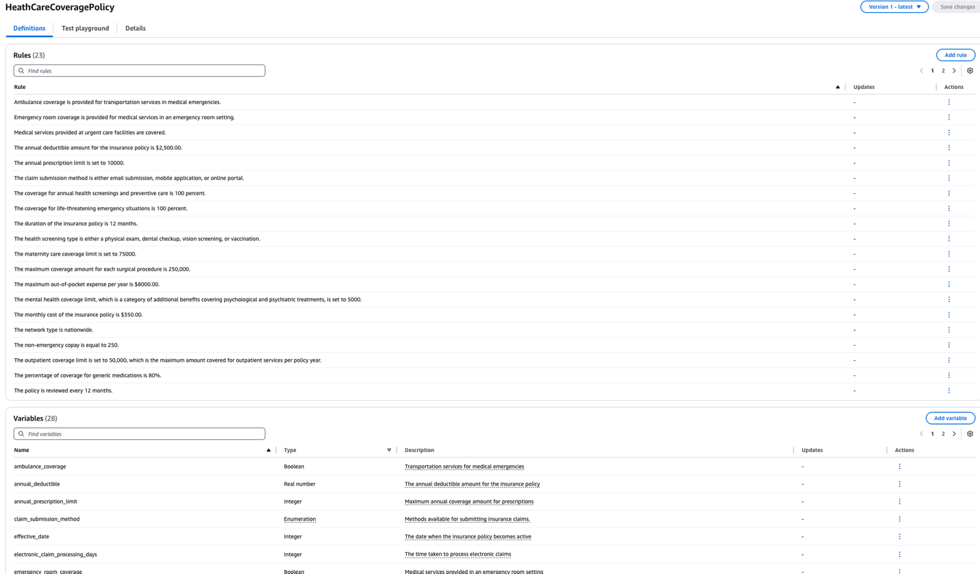 Hyperedge- , PCB Design, Hardware Design, Electronics Design, Amazon Bedrock policy editor displaying comprehensive healthcare coverage rules and variables with types, descriptions, and configuration options