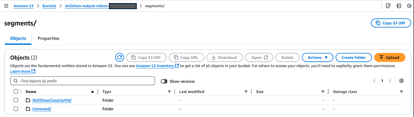 Hyperedge- , PCB Design, Hardware Design, Electronics Design, Amazon S3 management interface showing two empty folders within skillshow-output-videos/segments path