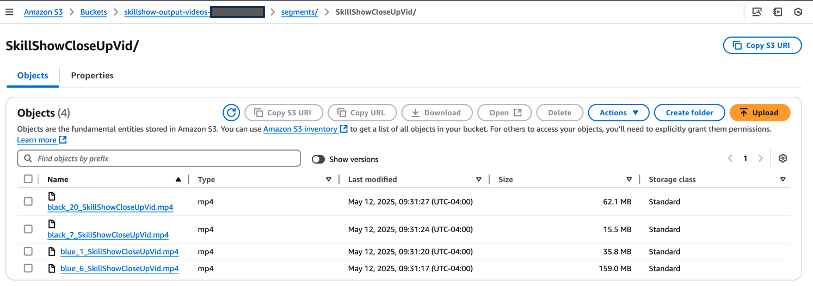 Hyperedge- , PCB Design, Hardware Design, Electronics Design, S3 bucket interface showing four timestamped MP4 video segments with metadata and storage details